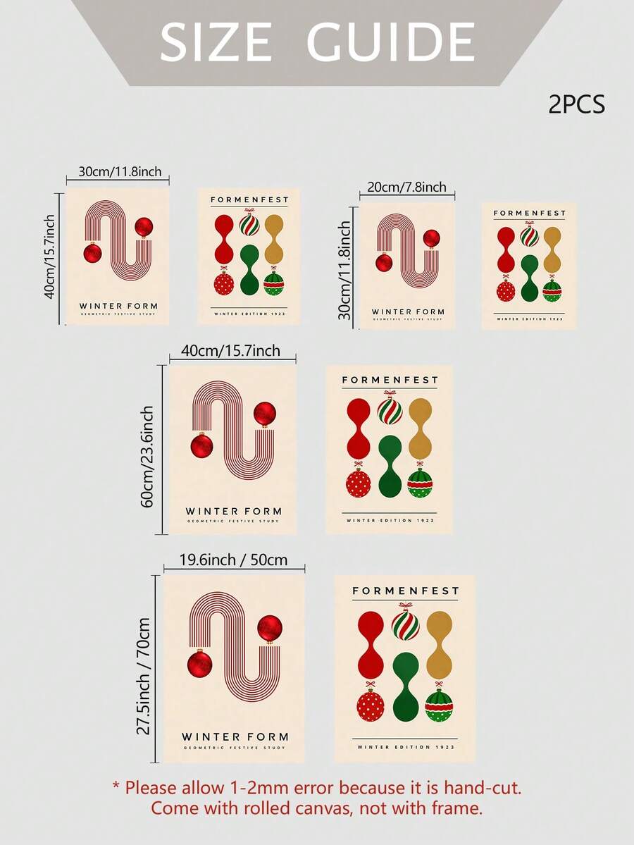 Size guide for two-piece geometric Christmas canvas posters