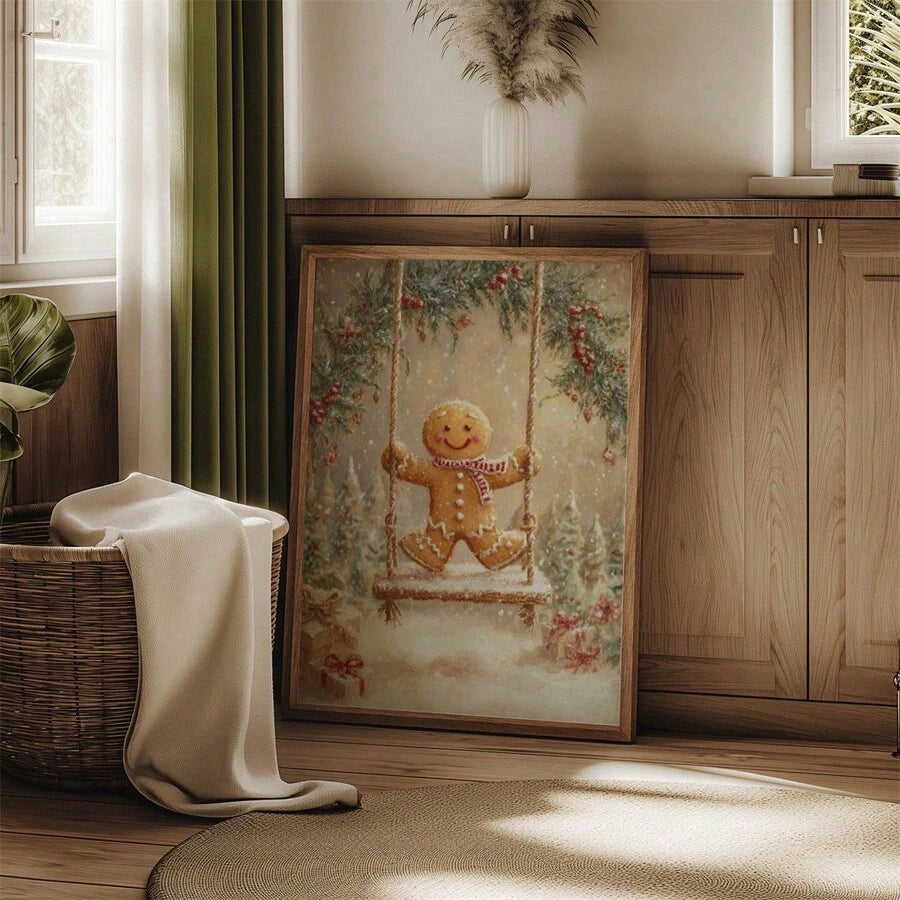 Holiday gingerbread swing art leaning near a wood cabinet and woven basket
