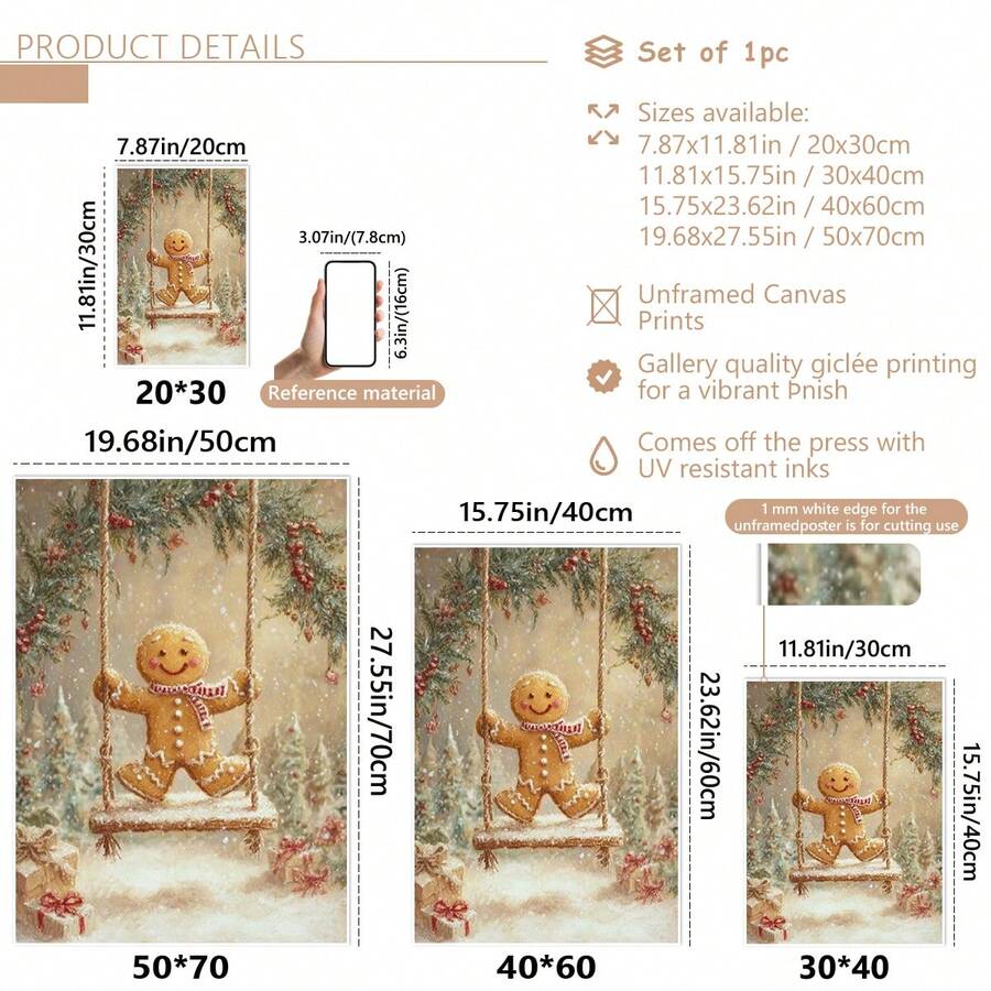 Canvas poster size guide showing the gingerbread swing winter artwork