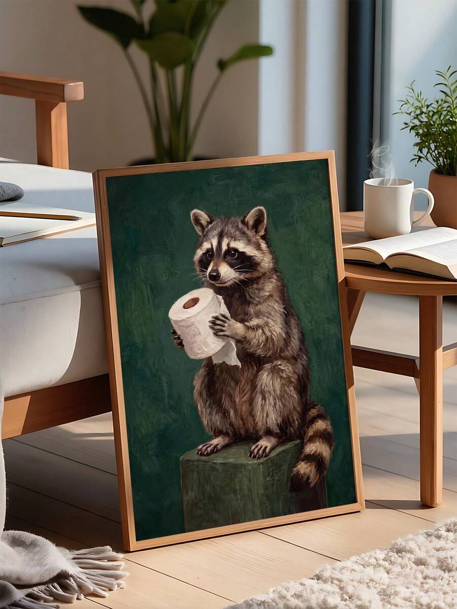 Crowned raccoon bathroom wall art with feathered staff and green cape