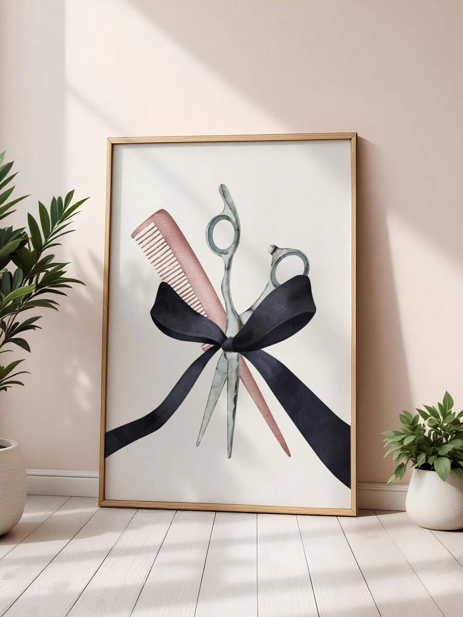 Hairstylist scissors and comb canvas artwork with a black bow in a gold-toned frame beside green potted plants
