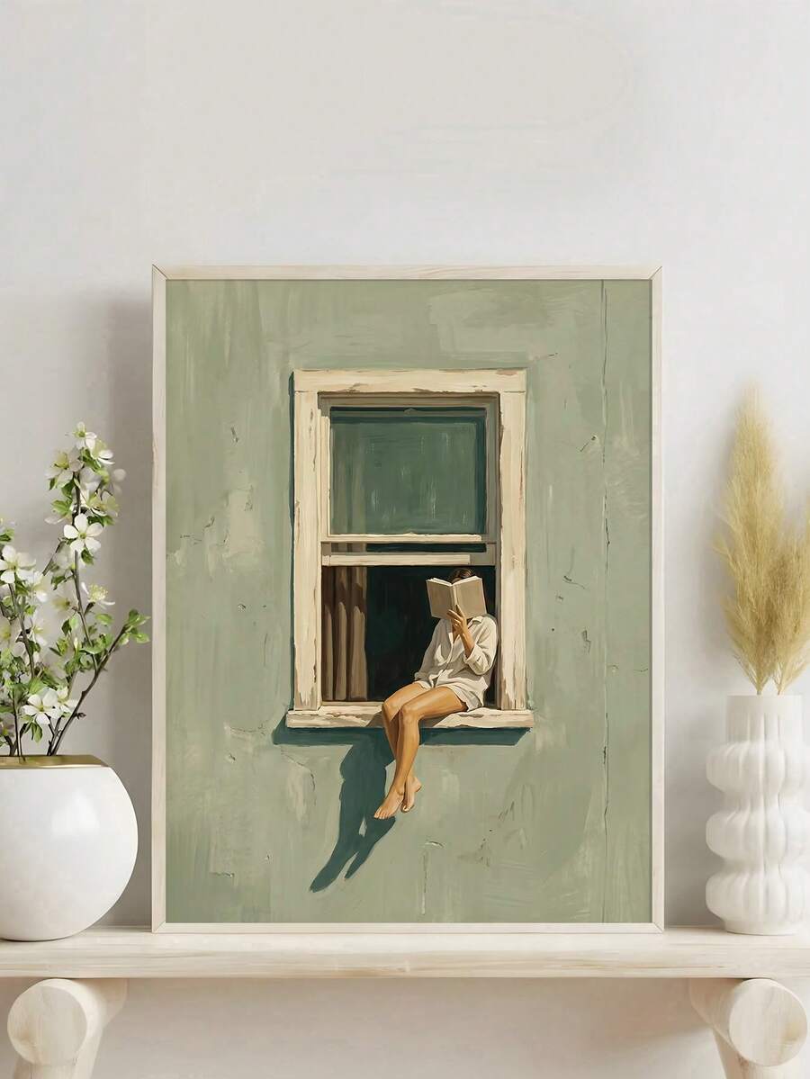 Reader wall art with a figure reading by a window