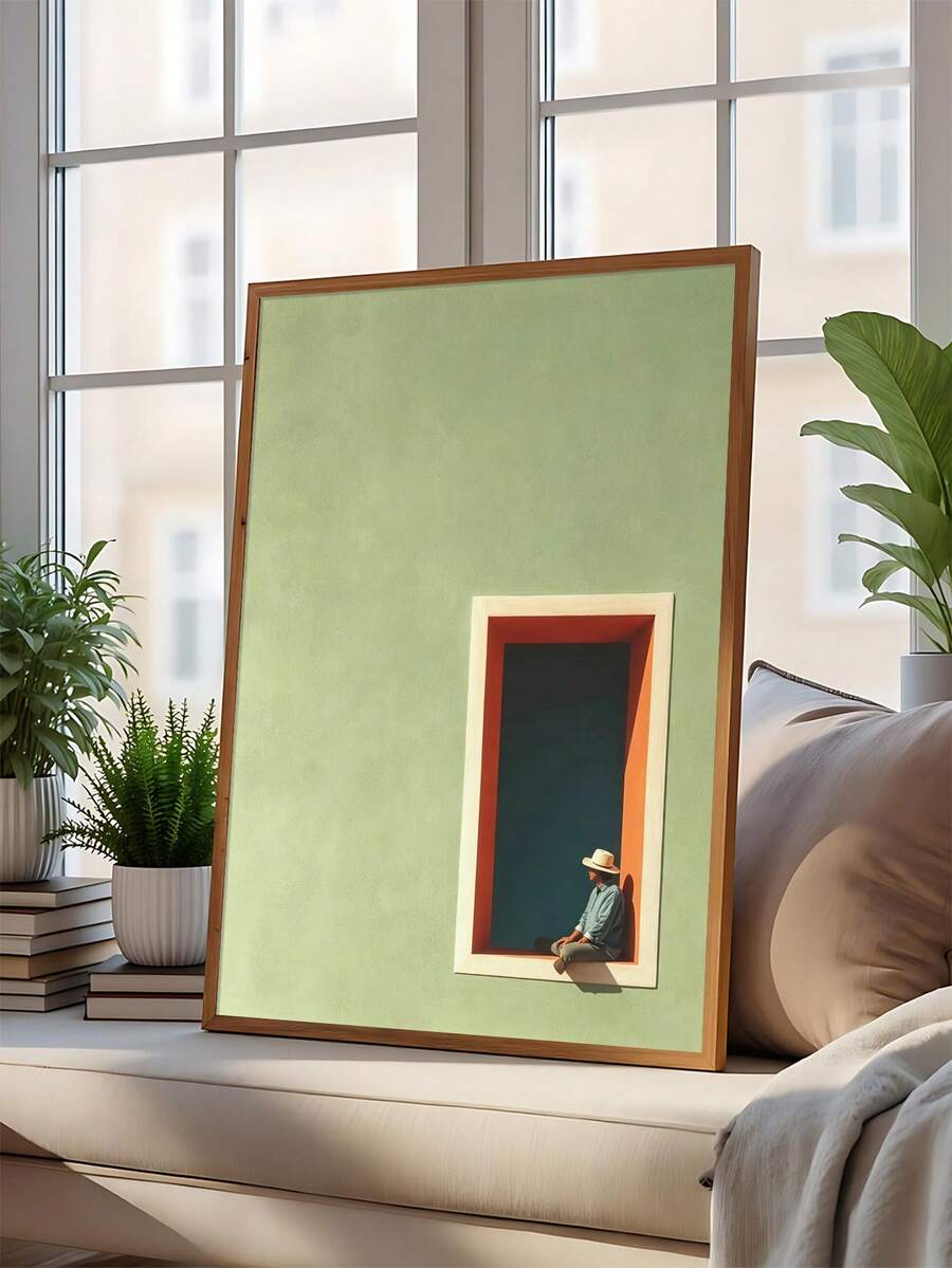 Emerald green book lover artwork beside a bright bedroom window