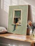 Reading canvas art displayed on a wooden shelf