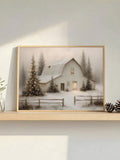 Snow-covered barn canvas poster styled on a shelf with pinecones and neutral decor