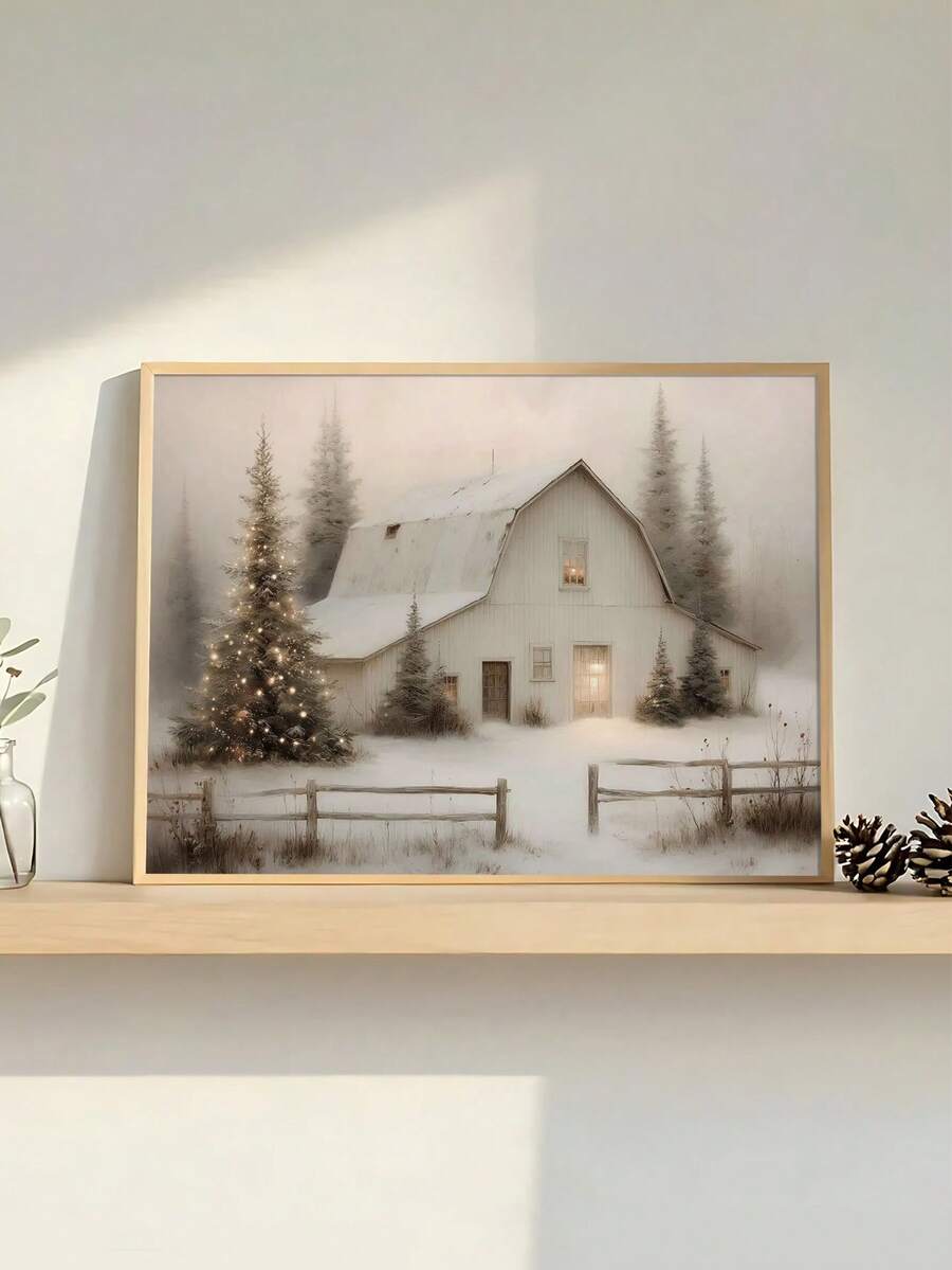 Snow-covered barn canvas poster styled on a shelf with pinecones and neutral decor