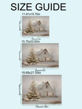 Size guide showing multiple dimensions for snowy farmhouse barn canvas poster
