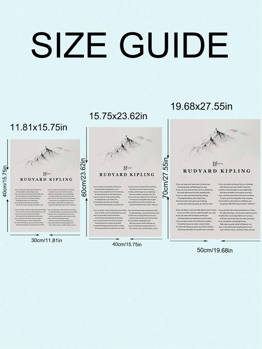 Poster size guide showing available 30 by 40, 40 by 60, and 50 by 70 cm prints