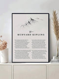 Black framed If poem poster with mountain sketch styled on console