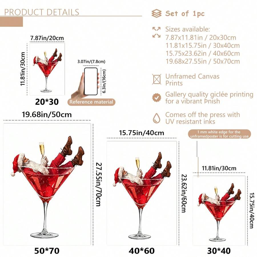 Size guide for funny Santa cocktail canvas wall art