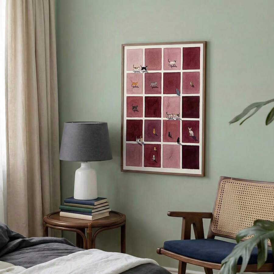 Burgundy cat checkerboard wall art in a bedroom with green wall