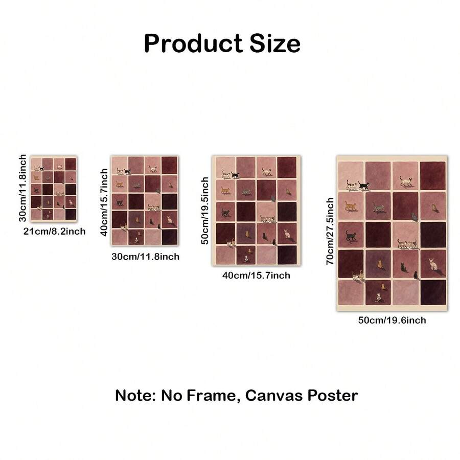 Burgundy cat grid canvas poster size chart, unframed, 21 by 30 cm through 50 by 70 cm