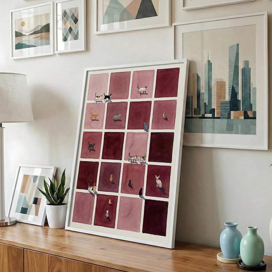 Cat grid canvas poster styled with modern framed wall art on a console