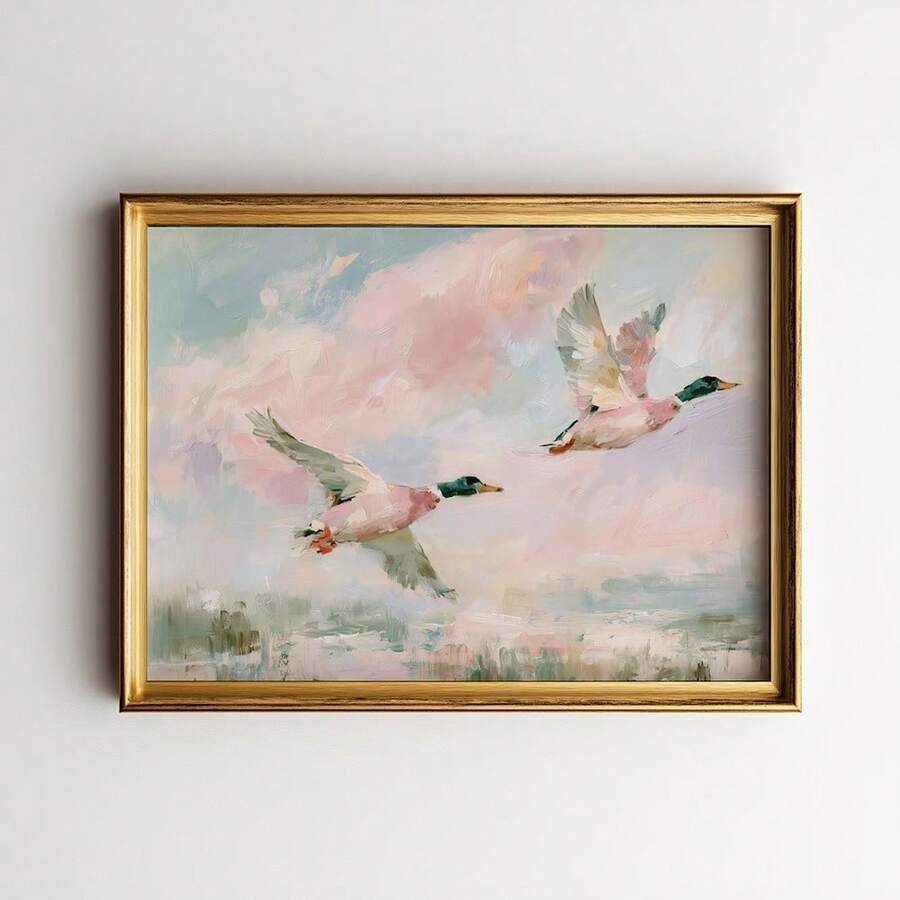 Flying mallard duck canvas poster in a light wood living room display