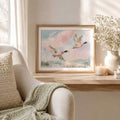 Flying mallard duck canvas art displayed in a cozy reading nook