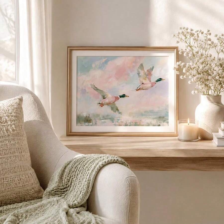 Flying mallard duck canvas art displayed in a cozy reading nook