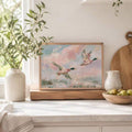 Pastel duck marsh wall art displayed on a kitchen shelf