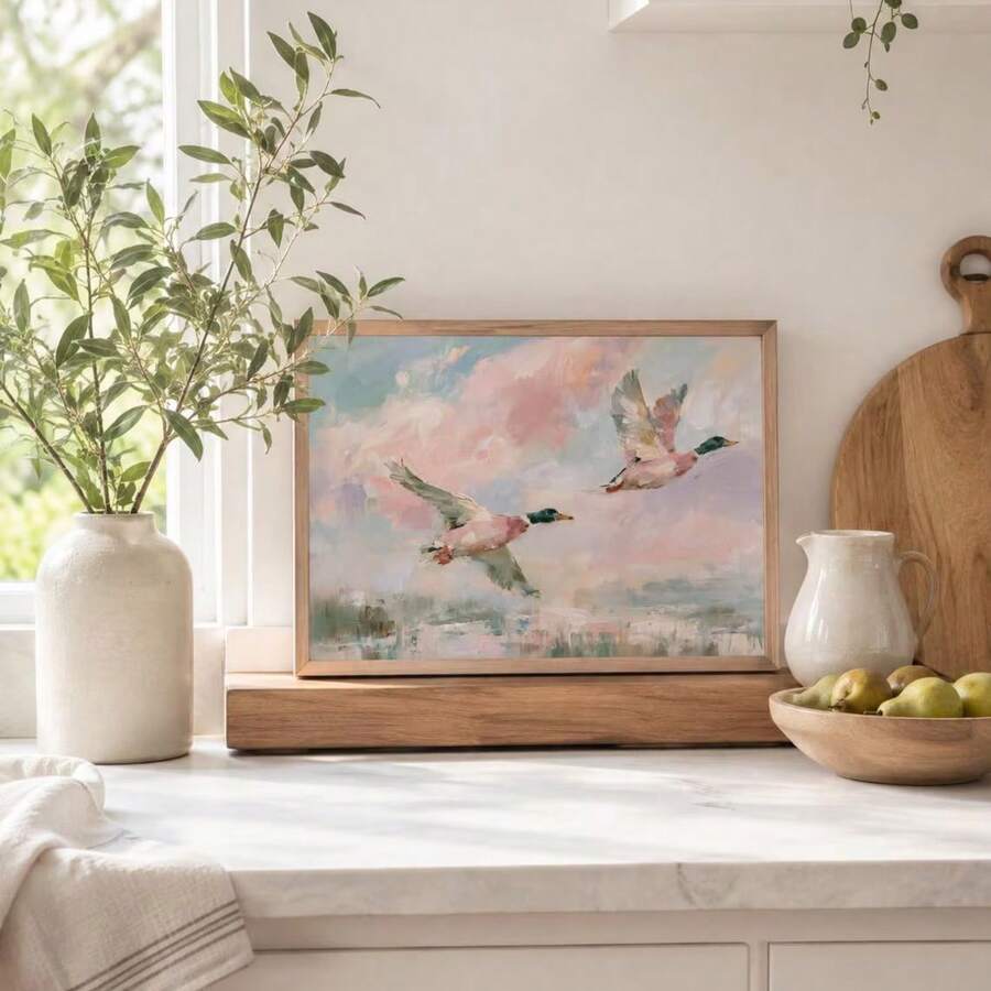 Pastel duck marsh wall art displayed on a kitchen shelf