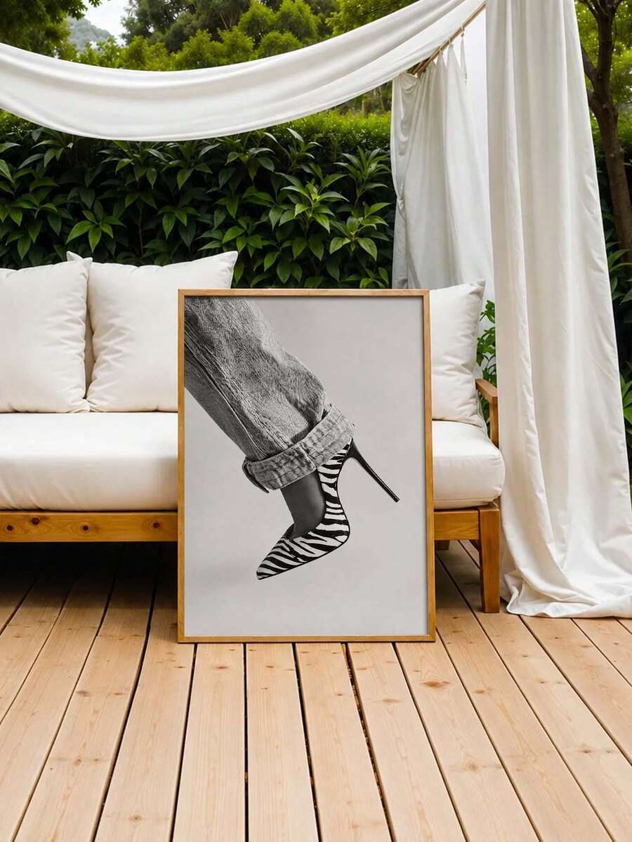 Zebra high heel fashion canvas poster displayed in an outdoor lounge