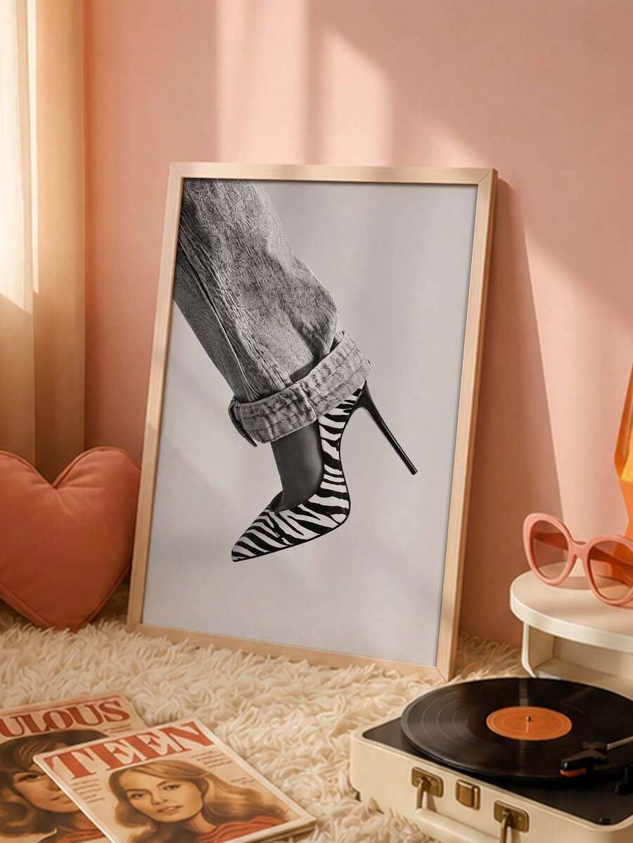 Zebra stiletto and cuffed denim fashion artwork in a retro styled room