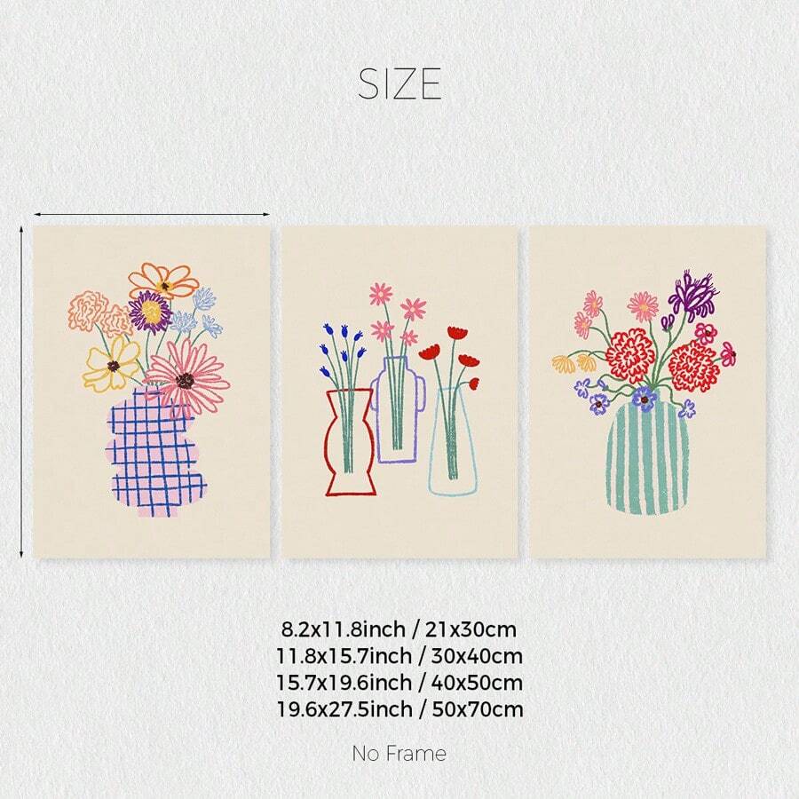 Close view of three playful floral vase illustrations with colorful sketch-style blooms