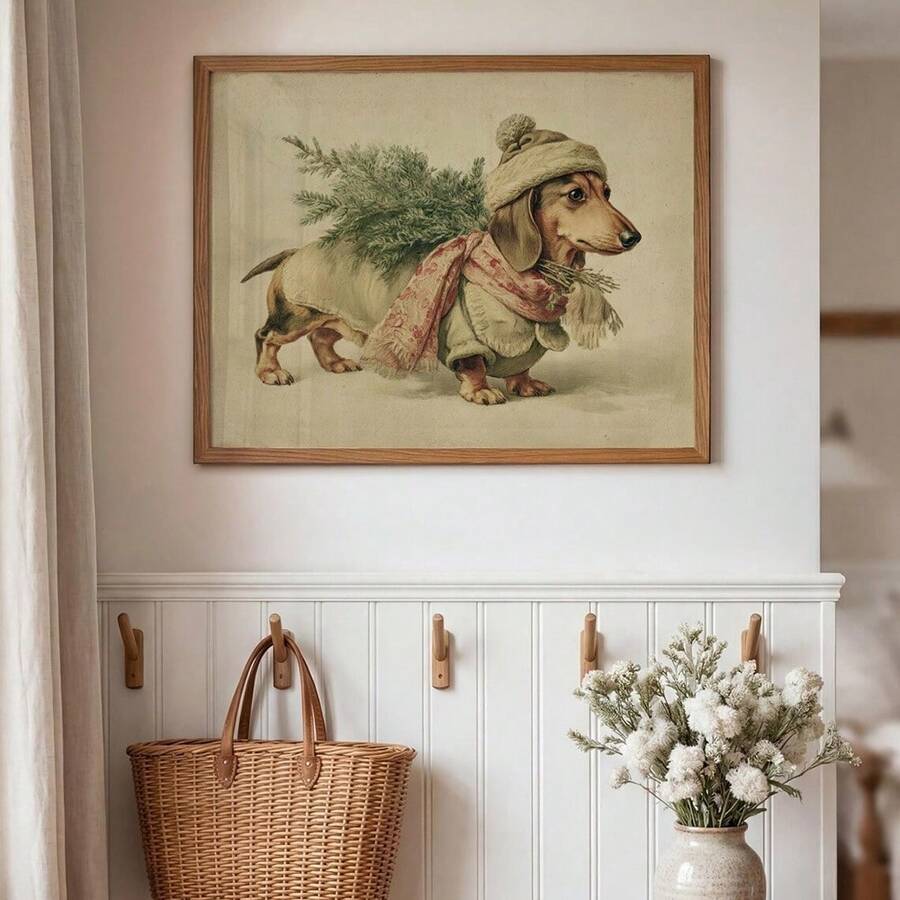 Rustic dachshund Christmas tree wall art displayed above entryway hooks