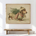 Dachshund carrying evergreen tree Christmas canvas art above wooden bench