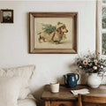 Framed vintage dachshund holiday canvas poster above farmhouse table