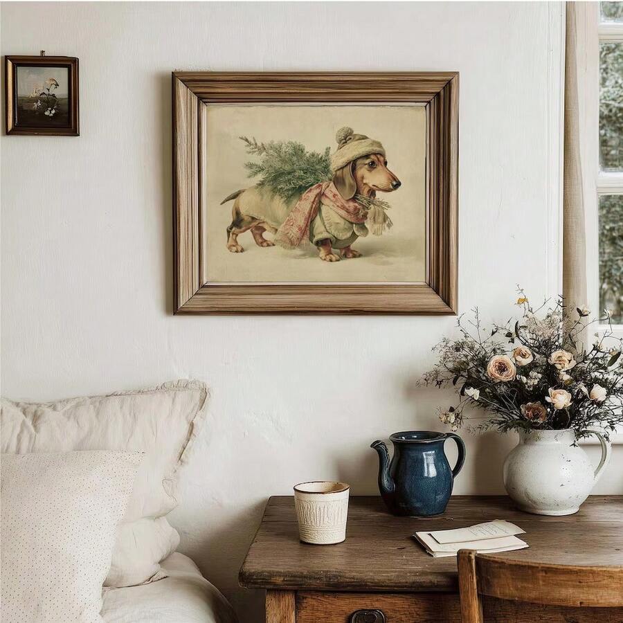 Framed vintage dachshund holiday canvas poster above farmhouse table