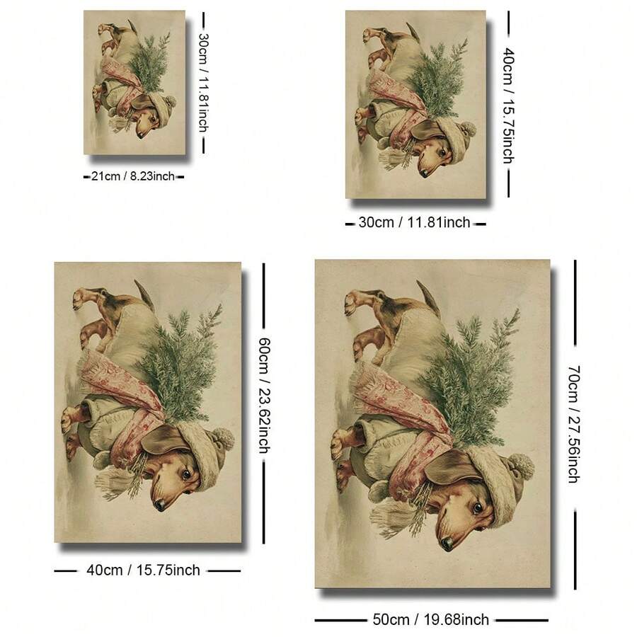 Dachshund Christmas canvas poster size chart showing 21 by 30 cm through 50 by 70 cm