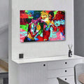 Colorful Apollo versus Rocky boxing artwork displayed above a light wood dresser beside a chair and lamp