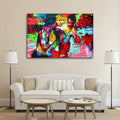 Bright painterly boxing match canvas centered above a white console in a neutral room