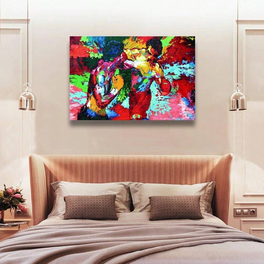 Framed boxing fight artwork above a pale bedroom headboard between bedside pendant lights