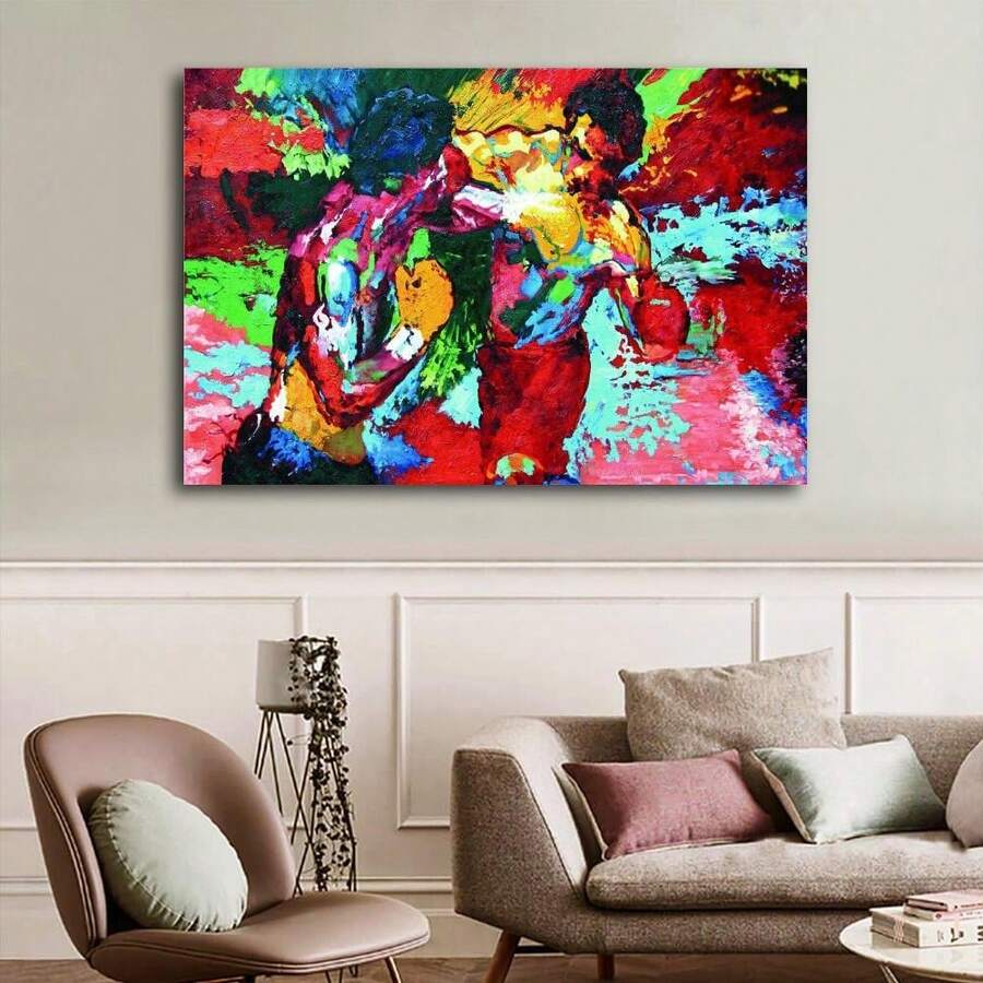 Expressive red and turquoise boxing canvas hung above a light sofa with neutral cushions