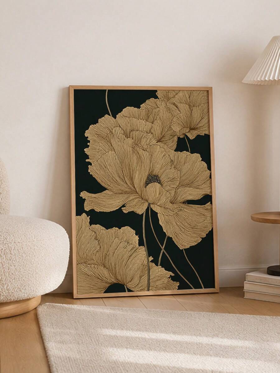 Gold Floral Dark Background Luxury Elegant Botanical Canvas Poster 