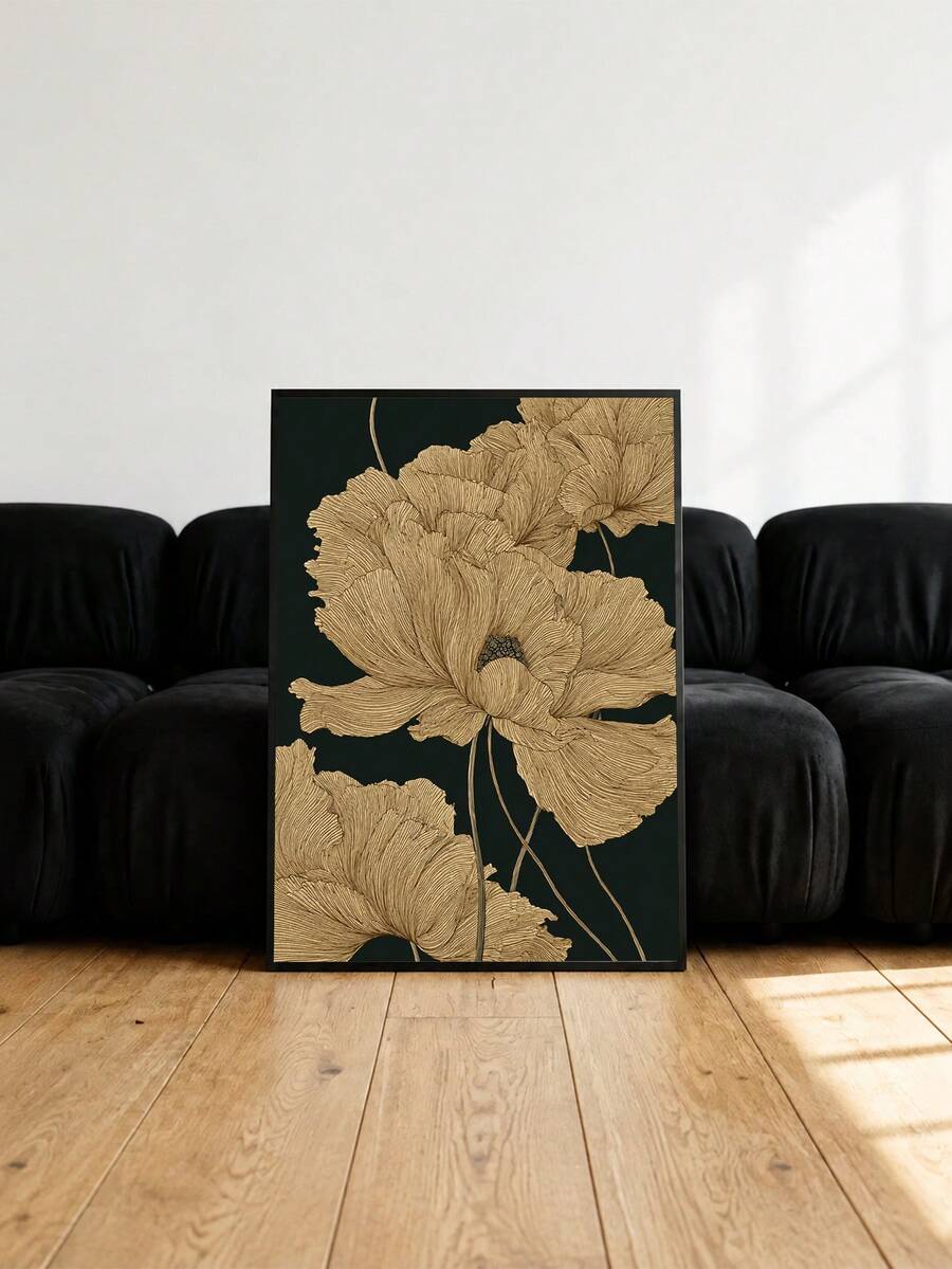 Gold Floral Dark Background Luxury Elegant Botanical Canvas Poster 
