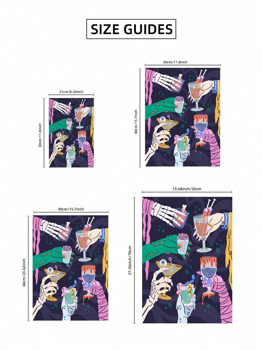 Halloween canvas size guide illustrating four poster dimensions