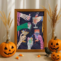 Framed colorful Halloween cocktail illustration among pumpkins, candy corn, and a raven