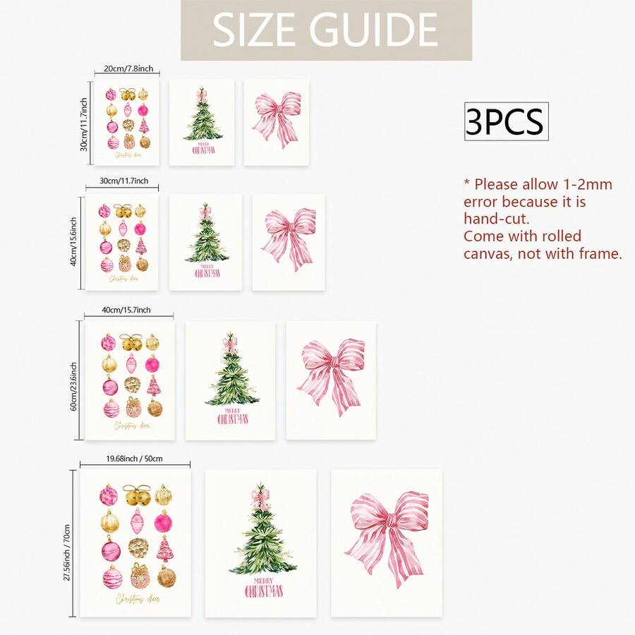 3pcs Pink Girly Christmas Tree, Bow & Ornaments Coquette Canvas Poster Set