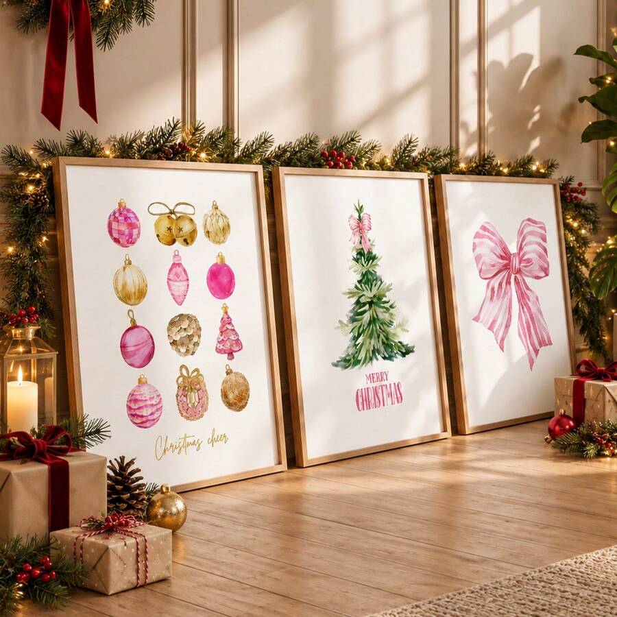 3pcs Pink Girly Christmas Tree, Bow & Ornaments Coquette Canvas Poster Set