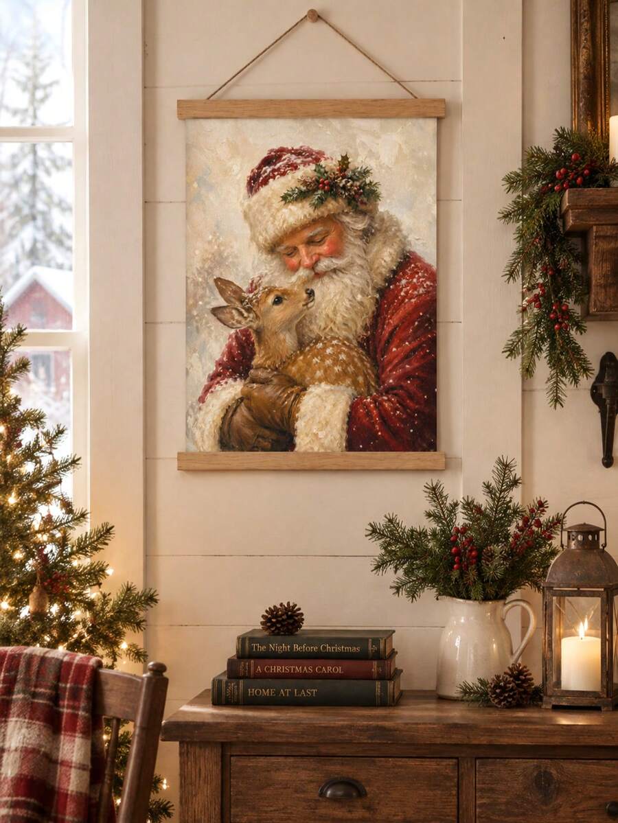 Framed vintage Santa deer poster displayed above a rustic sideboard with holiday greenery, berries, and candles