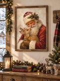 Rustic wooden hanger Christmas canvas showing Santa holding a deer above a decorated console