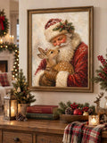Framed Santa and deer Christmas wall art styled beside a stone fireplace with evergreen branches and candles