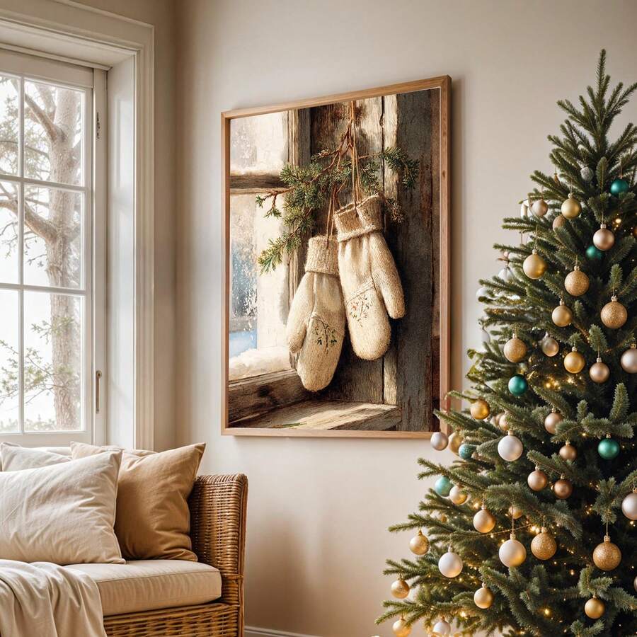 Rustic Vintage Christmas Mittens & Snowy Window Farmhouse Canvas Poster
