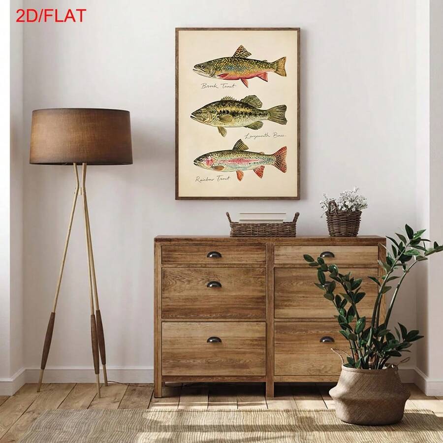 Vintage Freshwater Fish Watercolor Illustration Rustic Cabin Canvas Poster 