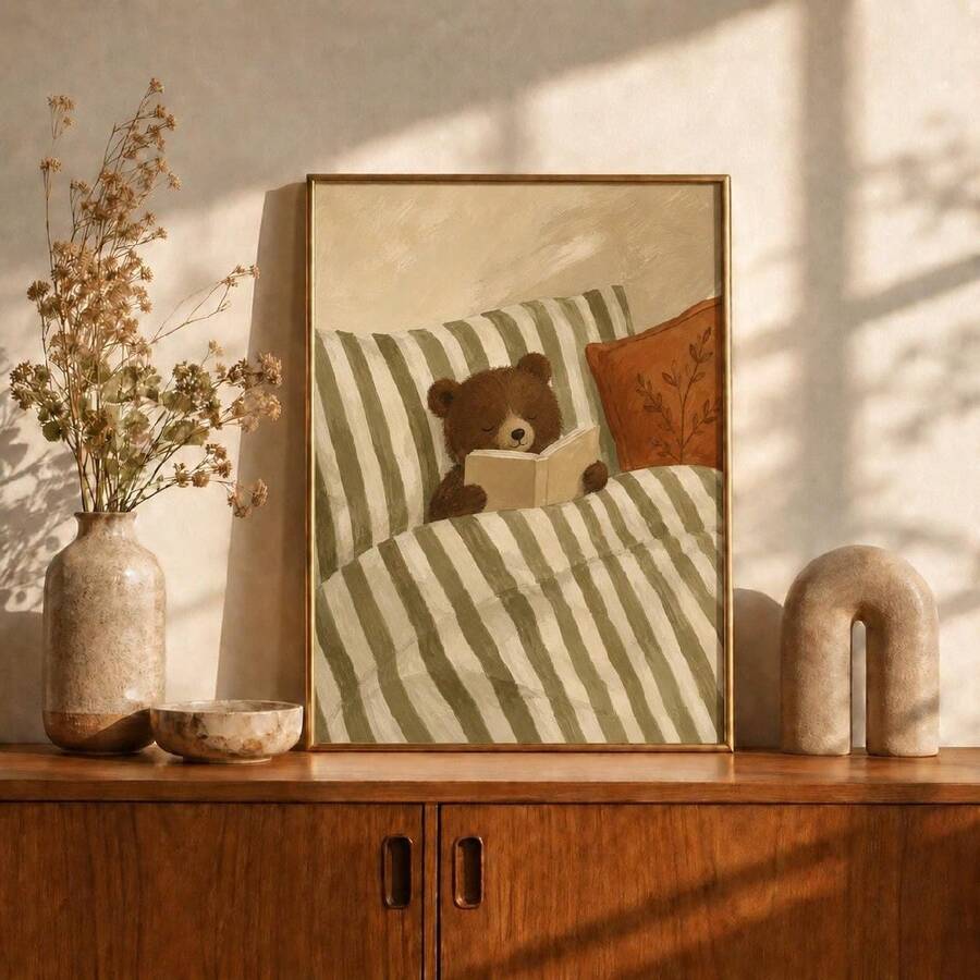 Bear reading canvas print displayed on a warm wood cabinet with dried flowers