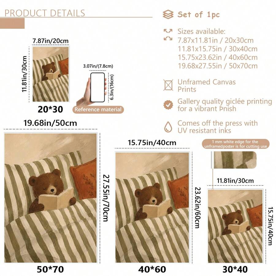 Canvas size guide showing bear reading artwork in four portrait dimensions