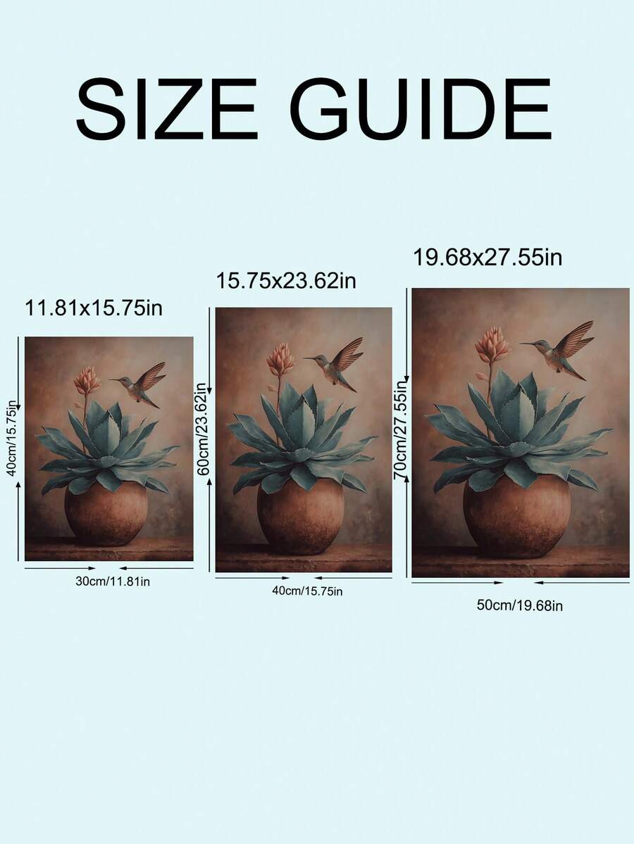 Size guide comparing three portrait dimensions for the hummingbird agave print