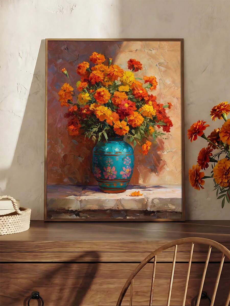 Hummingbird and agave folk canvas styled in a warm neutral dining room
