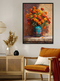 Warm terracotta canvas with a small flying hummingbird above a neutral sofa